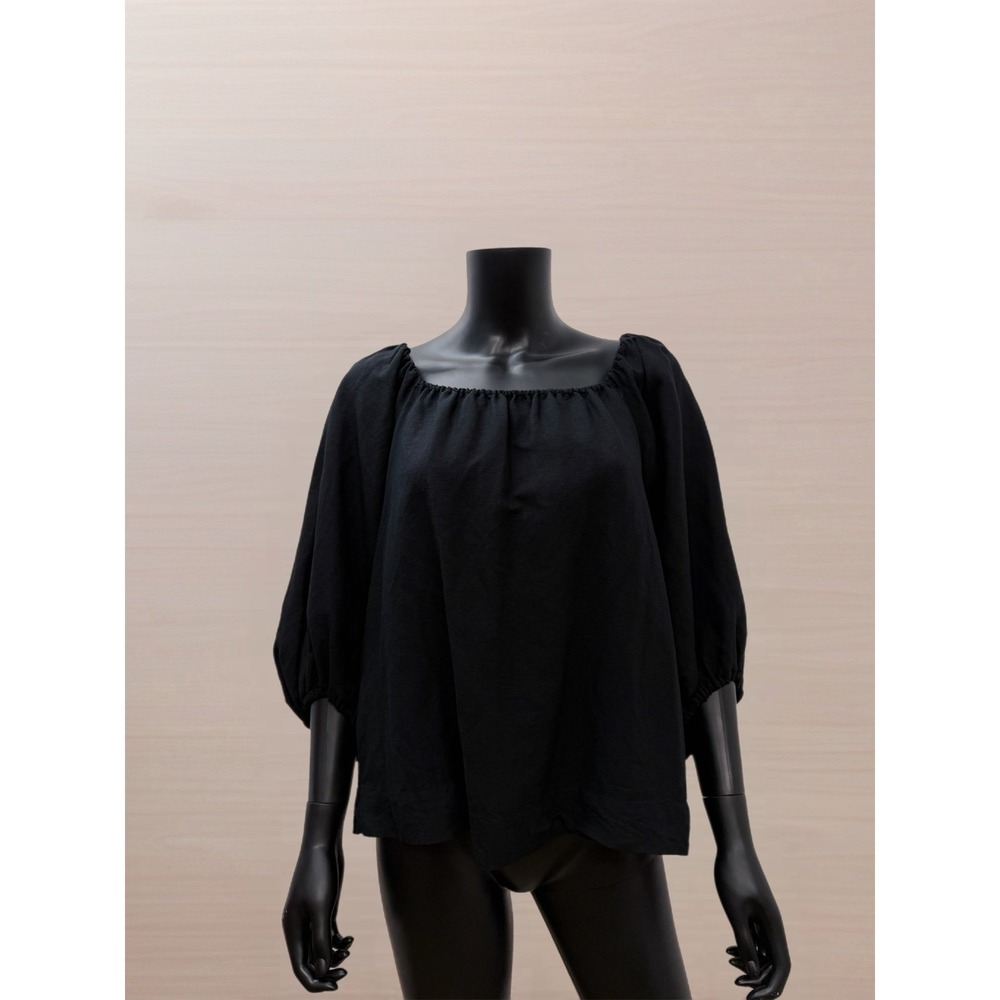ON 34thā Linen Blend Black Puff Sleeve Peasant Top M Open Back